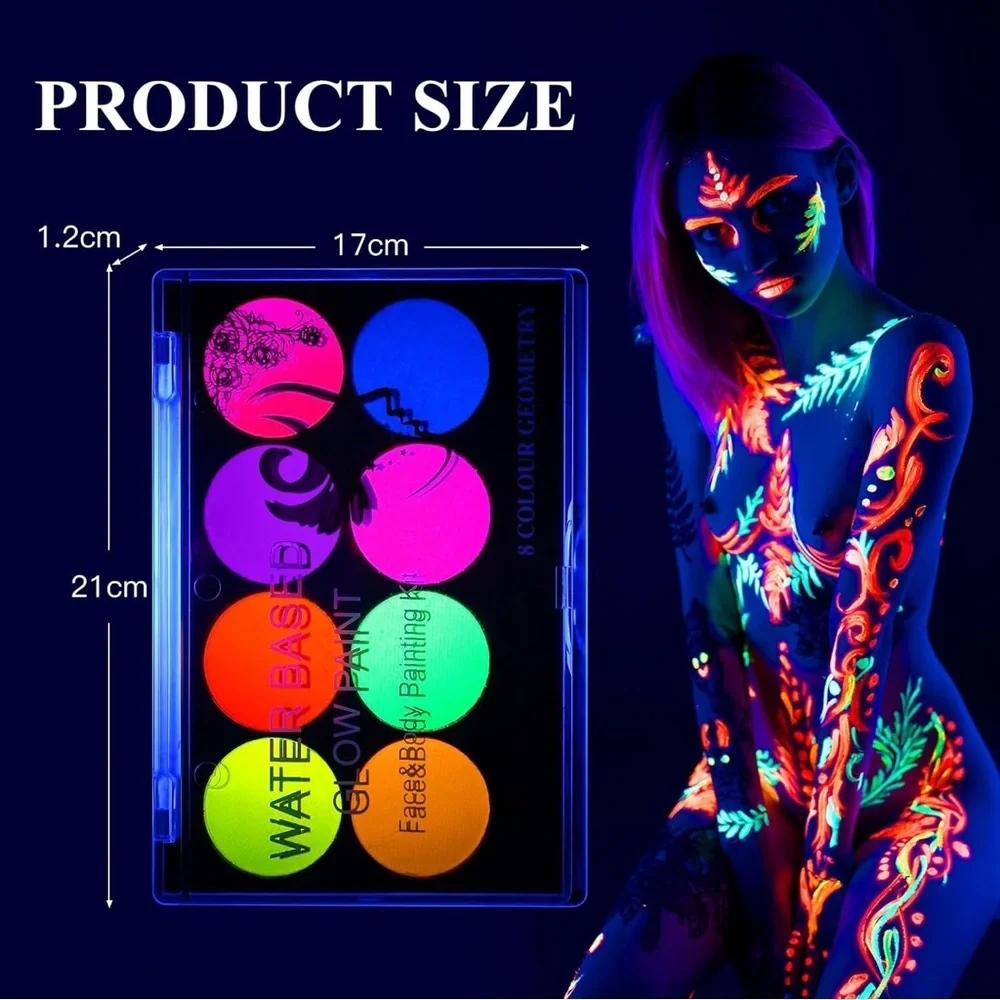 Glow UV Blacklight Face Paint Kit, 8 Fluorescent Colors- Body & Face Painting